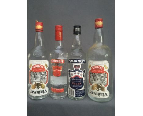Four bottles of vodka to include VLADIVAR Imperial vodka 37.5% abv. 1.125litres x2, SMIRNOFF vodka 37.5% abv. 70cl and SMIRNO