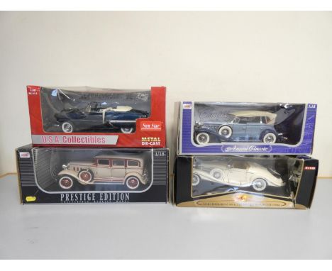 Group of collectable 1:18 scale model cars comprising of Anson Classic 1932 Cadillac Sport Phaeton 30383, Anson Classic Prest