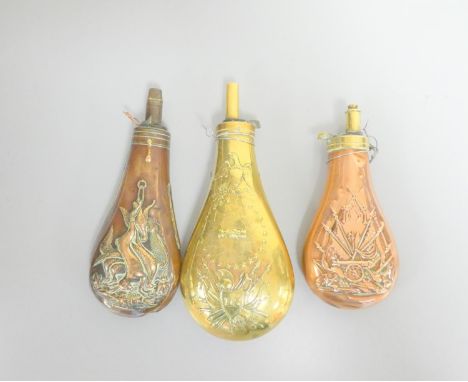 Three antique embossed powder flasks to include two USA examples having crossed arms and flags, and another depicting hunting