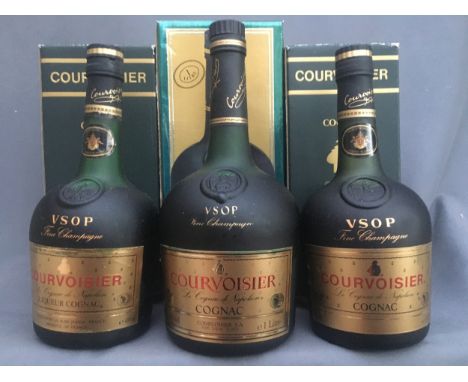 Three bottles of COURVOISIER VSOP Cognac brandy, each 40% abv. 68cl, 70cl and 100cl, each boxed. (3)