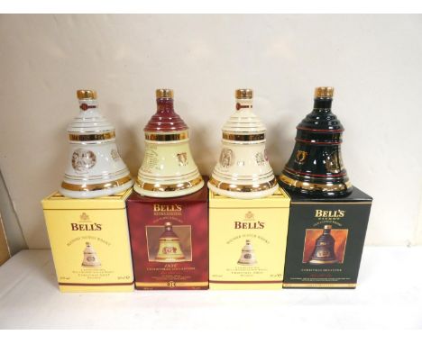 Four bottles of Bell's blended Scotch whisky to include Christmas 2007, 1996, 1992 and 2006, each 40% abv. 70cl in bell shape
