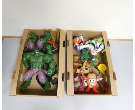 Two boxes of toys to include a 2014 Buzz Lightyear figure by Mattel, two Marvel Incredible Hulk figures, etc.
