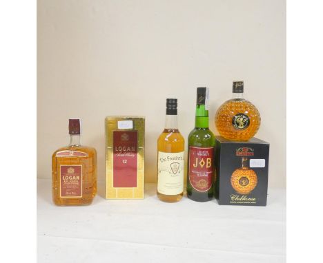 Four bottles of blended scotch whisky, Logan De Luxe 12 years old, Clubhouse - Old St Andrews, The Founder's Inn - Founder's 