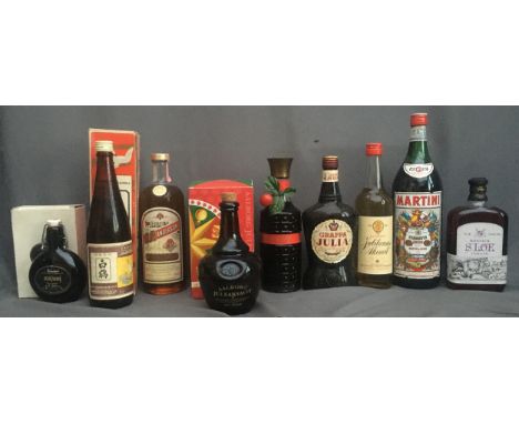 Nine bottles of mixed alcohol to include MARTINI Vermouth Rosso 17% abv. 1.5litre, MONIACK Sloe Liqueur 17.6% abv. 75cl, JUBI