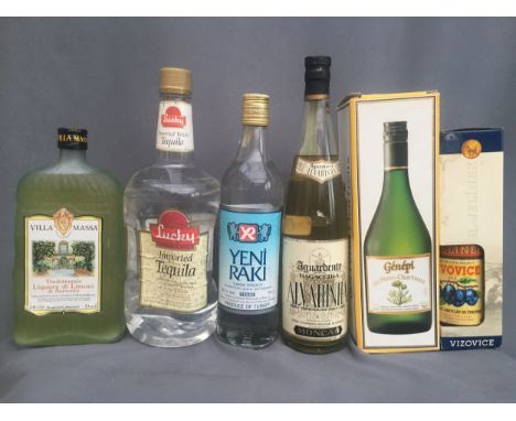 Six bottles of mixed alcohol to include VILLA MASSA lemon liqueur from Sorrento 30% abv. 1litre, GENEPI des Peres Chartreux l