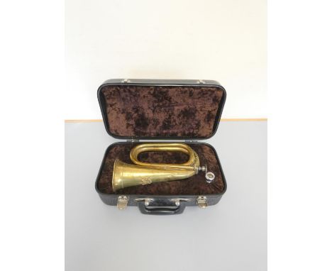 Mayers&nbsp;&amp; Harrison, Manchester, 1962 military bugle with the 26th Hussars Regt insignia, in hard carry case, with add