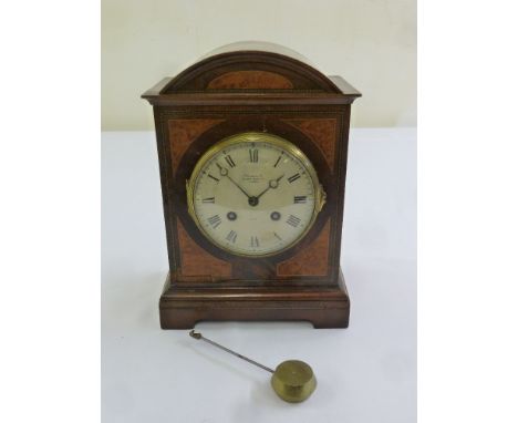 Payne and Co. Edwardian inlaid bracket clock rectangular with arched top, two train movement, Roman numerals, to include pend