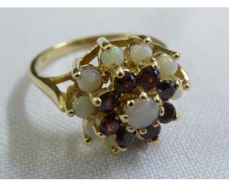 9ct yellow gold, opal and garnet ring