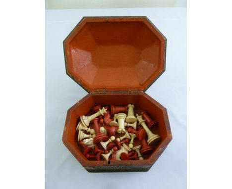 A late 19th century chess set in hexagonal decorative box with hinged cover