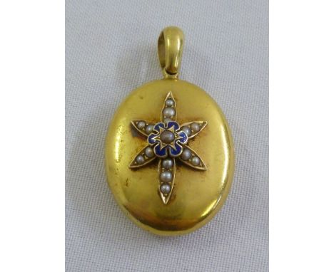18ct yellow gold, seed pearl and enamel locket, approx 12.5g