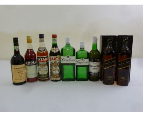 A quantity of whisky, port, gin, vermouth and sherry to include Johnnie Walker Black Label, Grahams 1986 port and Gordons Gin