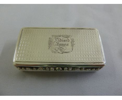 A Victorian silver snuff box, rectangular, engine turned base and hinged cover, gilt interior, Birmingham 1838
