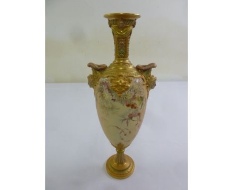 Royal Worcester two handled blush ivory porcelain vase decorated with floral sprays and mask side handles, 38cm (h)