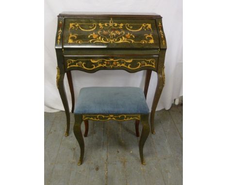 A Continental 20th century inlaid rectangular desk, decorated with flowers, leaves and scrolls on four cabriole legs with mat