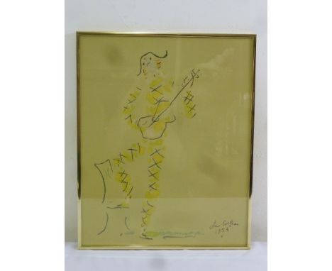 Jean Cocteau framed and glazed lithograph print of a Harlequin, 52 x 41.5cm