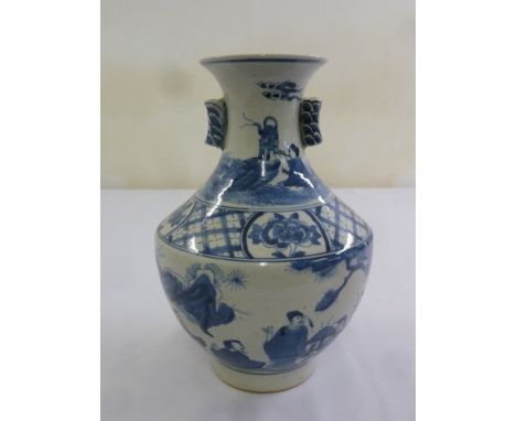 A Chinese blue and white Kangxi style vase decorated with figures and geometric patterns, 26cm (h)