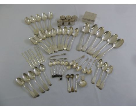 A quantity of Victorian and 20th century fiddle pattern flatware, silver napkin rings, a silver cigarette box and a silver ca