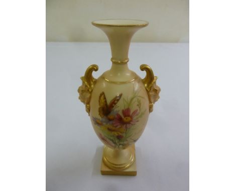 Royal Worcester blush ivory porcelain vase decorated with butterflies, flowers and leaves and mask side handles, 20cm (h)