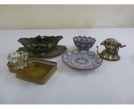 A quantity of metal and enamel work to include Persian dishes and a pewter gravy boat on stand (6)