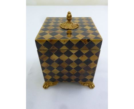 Maitland and Smith square parquetry box with brass bud finial to the cover on four claw feet