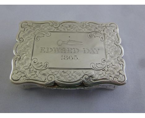 A Victorian silver snuff box, rectangular, engine turned geometric patterns to the base, sides and hinged cover, Birmingham 1