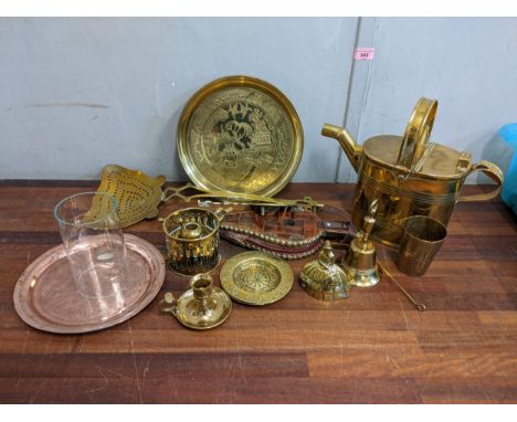 Metalware to include a watering can, a tray, a candlestick and candle snuffer and other related itemsLocation:If there is no 