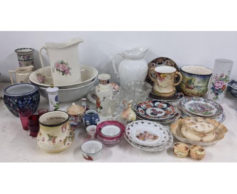A mixed lot to include a Royal Worcester blush ivory, twin handled loving cup, wash jug and bow, Japanese Imari plate and oth