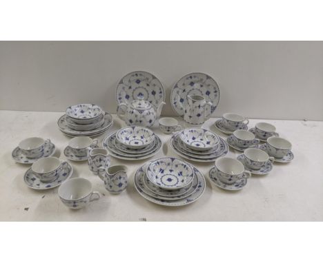 Johnson Bros earthenware blue Denmark tea/part dinner service to include a teapot, two cream jugs, cups and saucers, dinner p