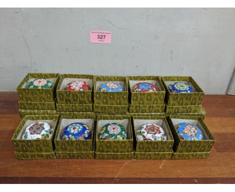 Ten boxed oriental style circular ceramic trinket boxes, all different colours with floral decorationLocation:If there is no 