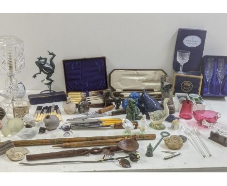 A mixed lot to include box crystal cut glassware, a 19th century cranberry jug and bowl, silver plated cutlery and flatware, 