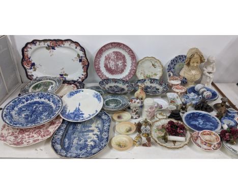 A mixed lot to include Royal Worcester blush ivory pin dishes, various 19th century and later serving platters and other item