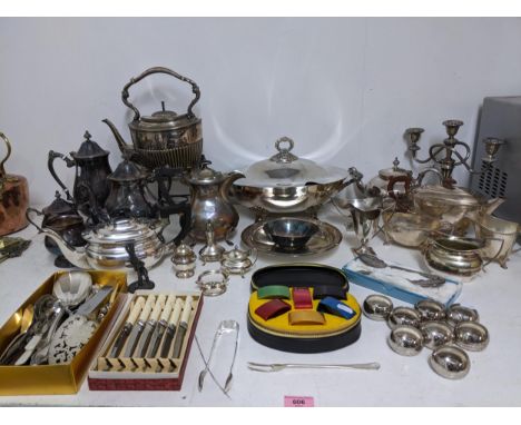 A mixed lot of silver plate to include a W Batty & Son Ltd three piece teaset, a Lancaster Rose by Poole tureen, painted meta