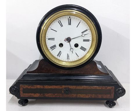 A late Victorian ebonized and burr yew bulk head 8 day mantle clock, 25h x 28.5wLocation:If there is no condition report show