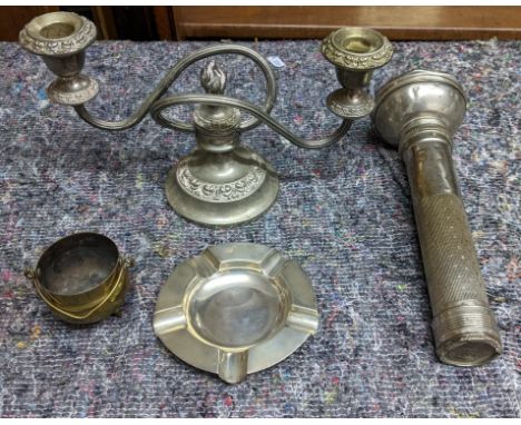 Metalware to include a hallmarked silver ashtray, an embossed candlestick holder, a vintage torch branded Namking Factory and