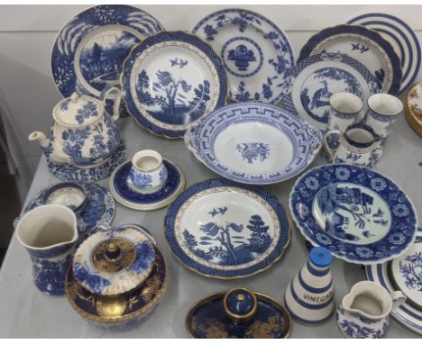 Mixed blue and white ceramics to include Devon ware, Real Old Willow and others comprising of a teapot, inkwell, cream jug, p