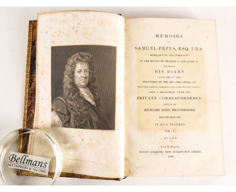 PEPYS, Samuel (1633-1703). Memoirs ... Comprising his Diary from 1659 to 1669, London, 1828, 5 volumes, 8vo, plates, attracti
