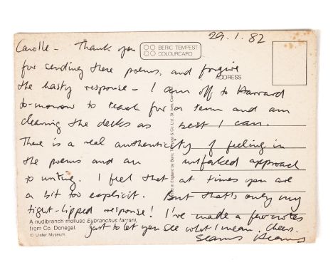 HEANEY, Seamus (1939-2013). An autograph postcard, dated "29.1.82", stating, "Carolle - Thank you for sending these poems ...