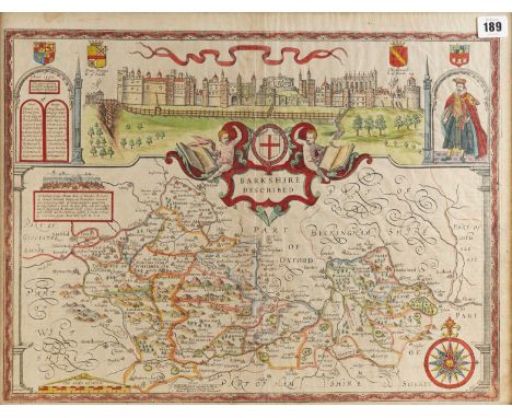 SPEED, John (1552-1629). Barkshire Described, London, 1676, hand-coloured engraved map of Berkshire, panoramic view of Windso