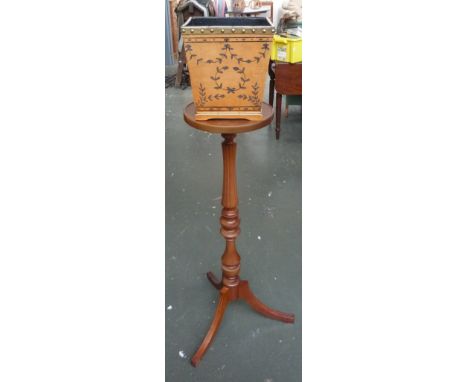 A wooden urn stand on tripod feet 95cmH together with a small wooden paper bin