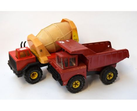 A vintage red Tonka dumper truck together with a Tonka cement mixer