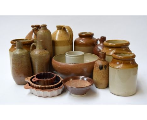 Five ceramic pots, two large jugs, one marked Price H Bristol, three small jugs, and other items (yellow plastic box)