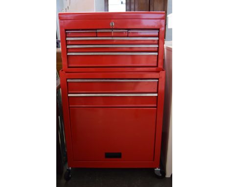 A red painted metal tool chest