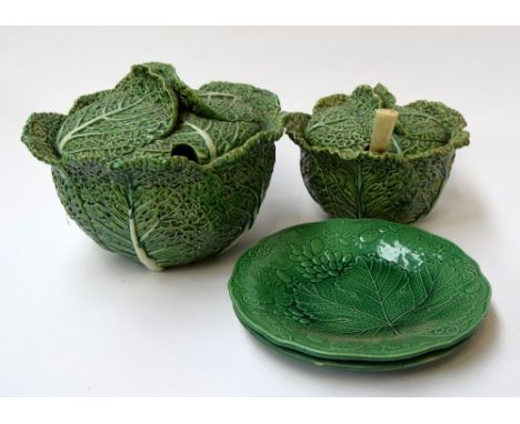 A selection of Cabbage Ware including two large Bordallo Pinheiro cabbage tureen covers, one with ladle, Davenport cabbage le