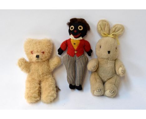 A vintage teddy bear made by Dean's Childsplay toys, together with a vintage rabbit and a doll (3)