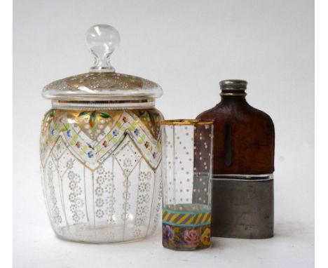 A mixed lot to include a hip flask with leather top, a glass biscuit barrel togetherw ith a decorated octagonal glass