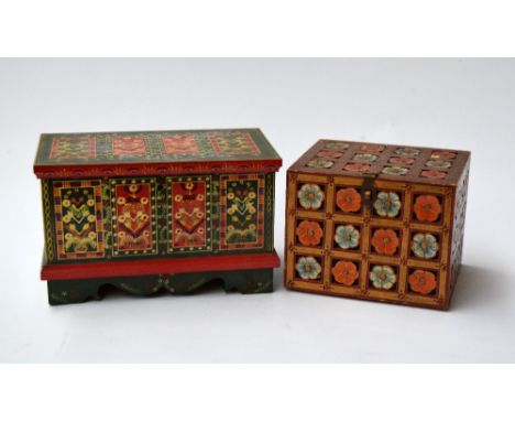 Indian painted three drawer jewellery box, decorated with carved flowers, and another painted trinket box