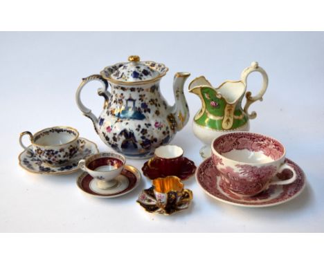 A mixed lot to include Mason 'Vista' pink teacup and saucer, a Gotha teapot in blue and gilt with cup and saucer, two Coalpor