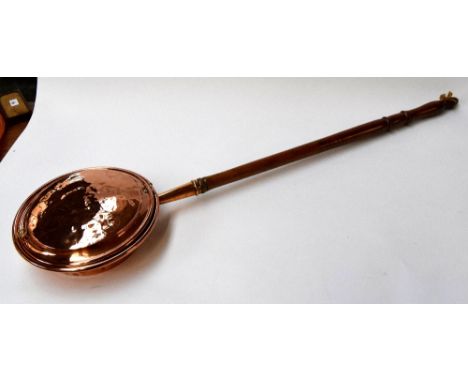 Vintage copper and brass bed warmer with wood handle