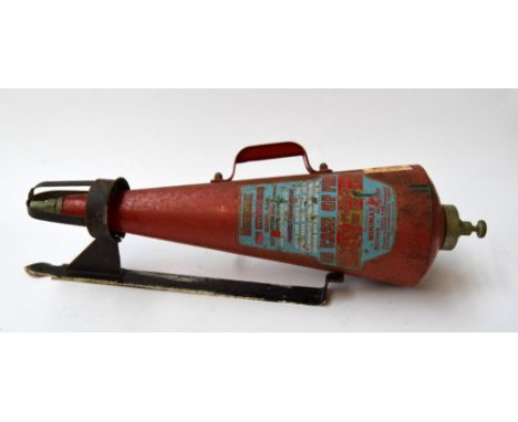 A vintage conical fire extinguisher with bracket