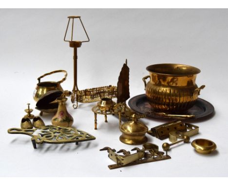 A selection of metal items including plates, candlestick holder, hinges etc